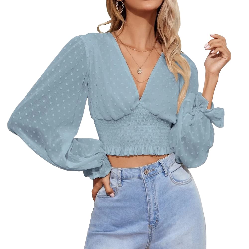 Women's Shirt Slim High Waist Sexy Deep Tunic V-neck Blouse Long Puff Sleeve
